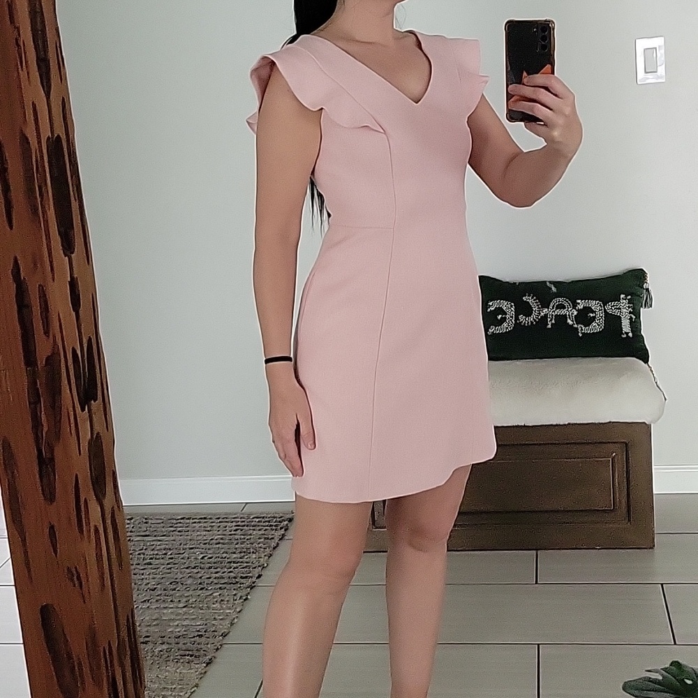Gal Meets Glam Soft Pink V-Neck Flutter Sleeve Mini Dress